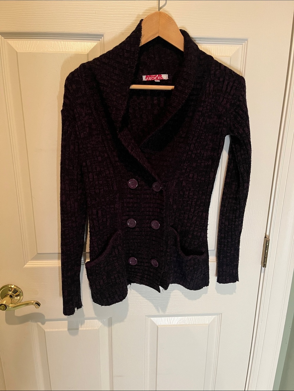 Carol Rose Dark Purple Double-Breasted Shawl Collar Cardigan
